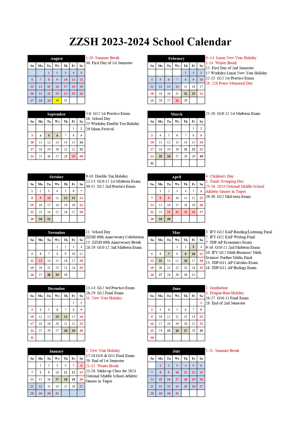 The Calendar of 112 Academic Year